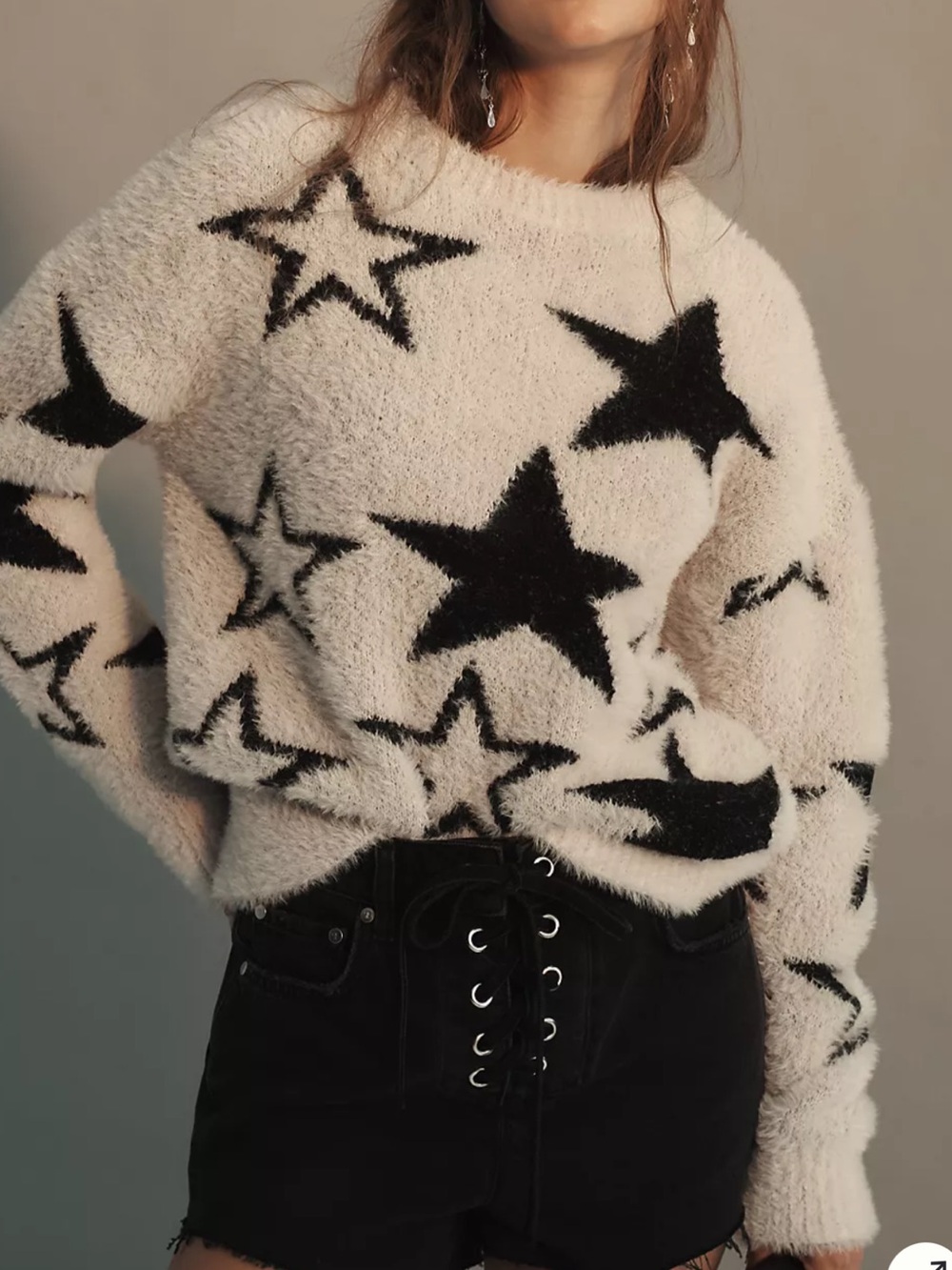 Pilcro  Pattered Eyelash Sweaters “Stars” detail L Ecru/Black - Picture 2 of 8